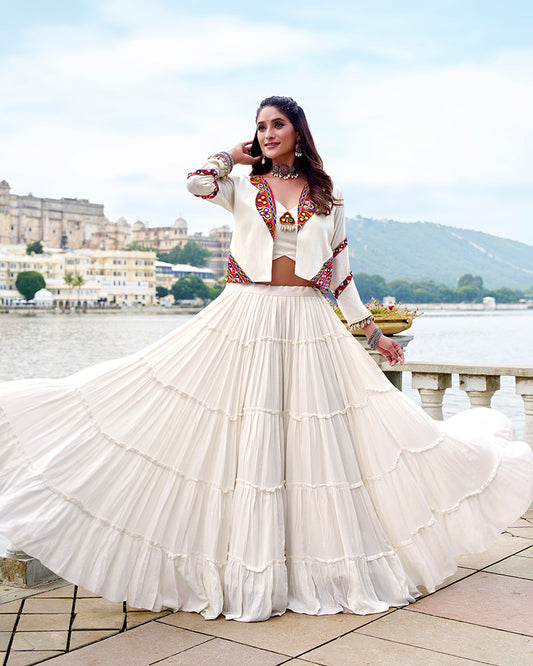 Elegant White Color Pure Rayon Navratri Lehenga Choli