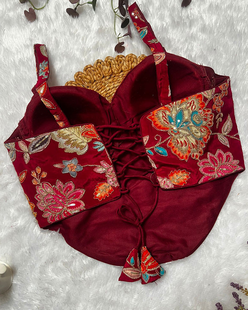 Maroon Color Rumali Silk Embroidered Spaghetti Blouse