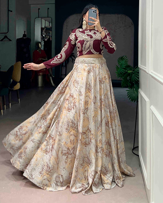 Cream Color Tasar Silk Printed Embroidered Lehenga Choli