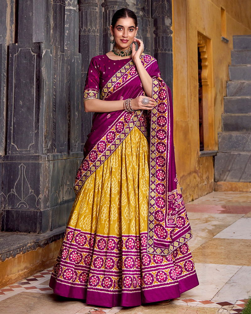 Yellow And Maroon Ikkat Printed Tasar Silk Lehenga Choli