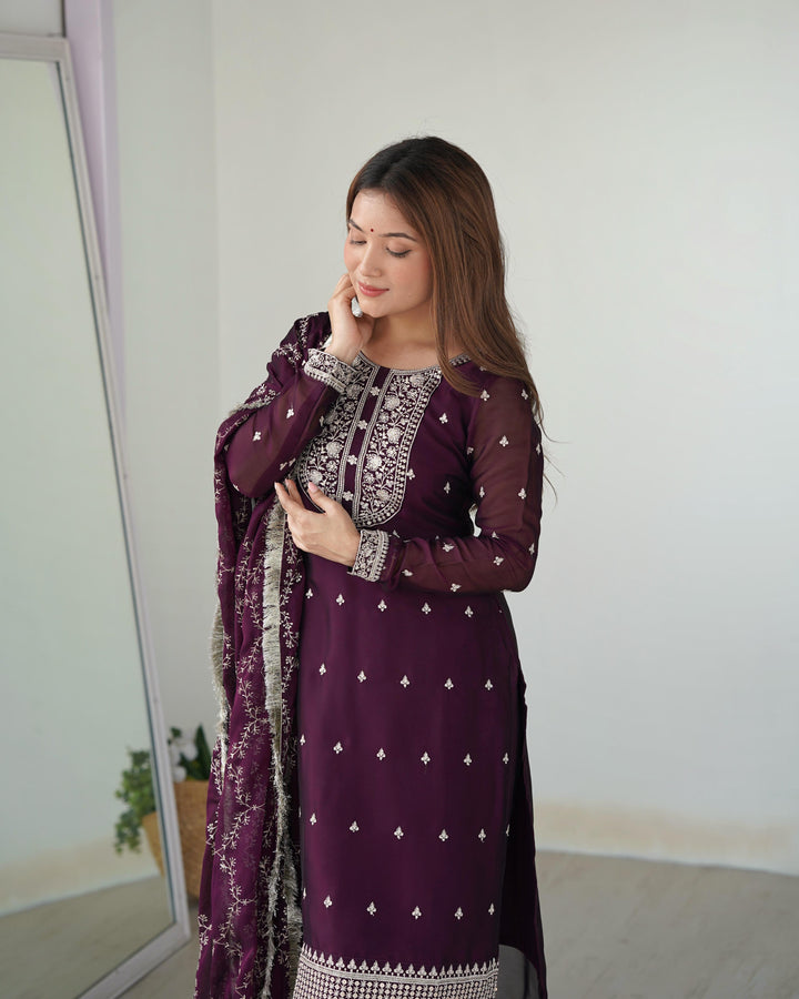 Wine Color Rangoli Silk Three Piece Kurti Suit