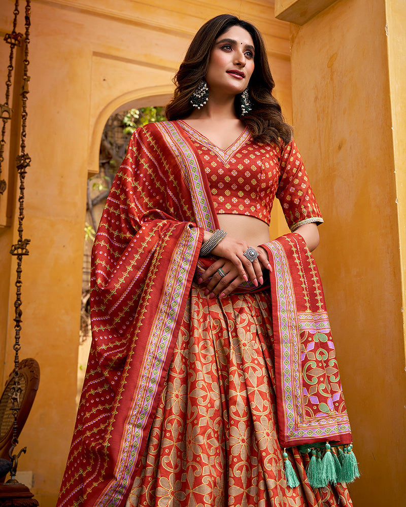 Rust Orange Color Tasar Silk Sparkle Lehenga Choli