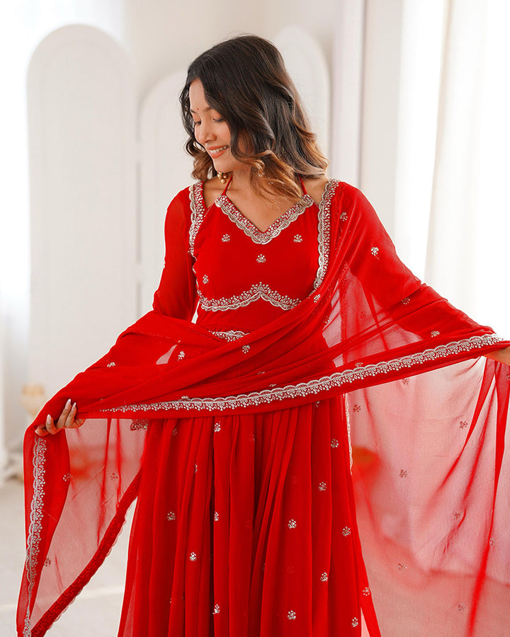 Red Color Georgette Sequence Embroidered Anarkali Suit