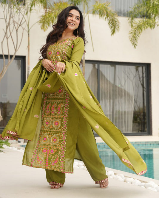 Parrot Color Chinon Embroidered Kurti Suit