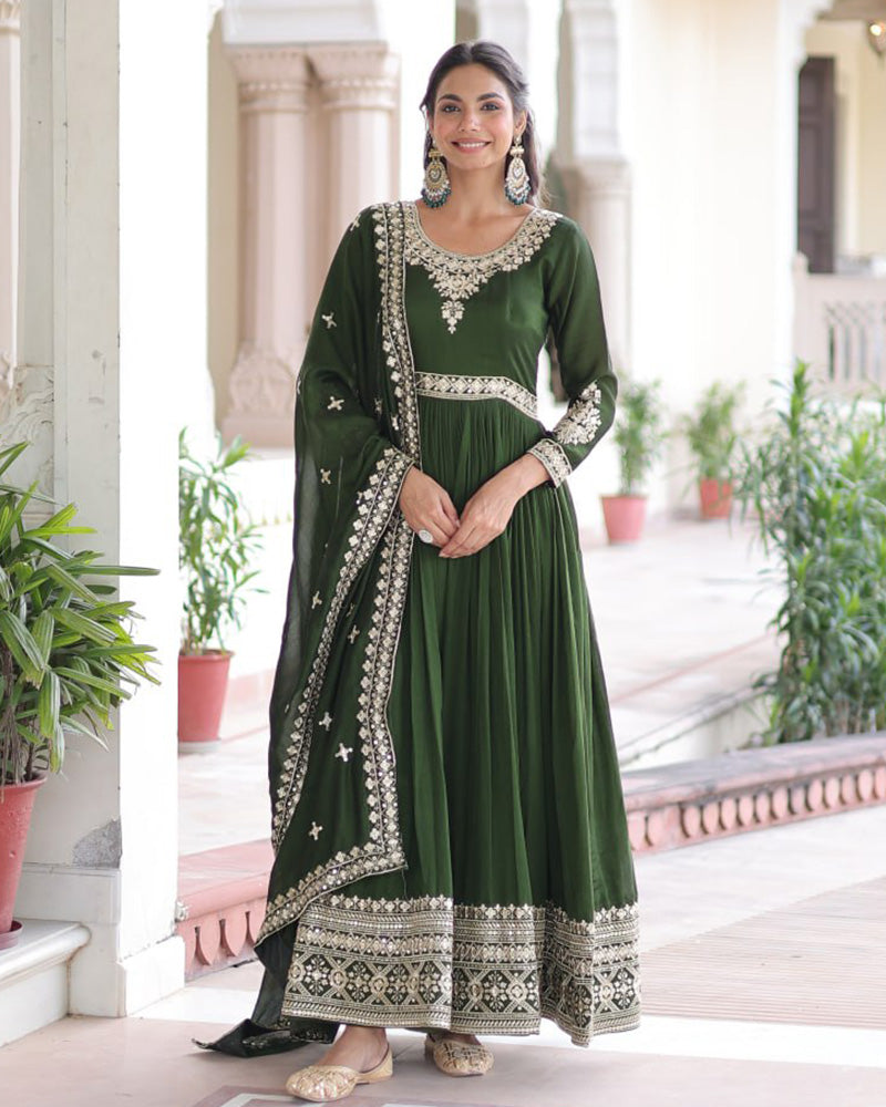 Mehndi Green Color Vichitra Silk Embroidered Gown