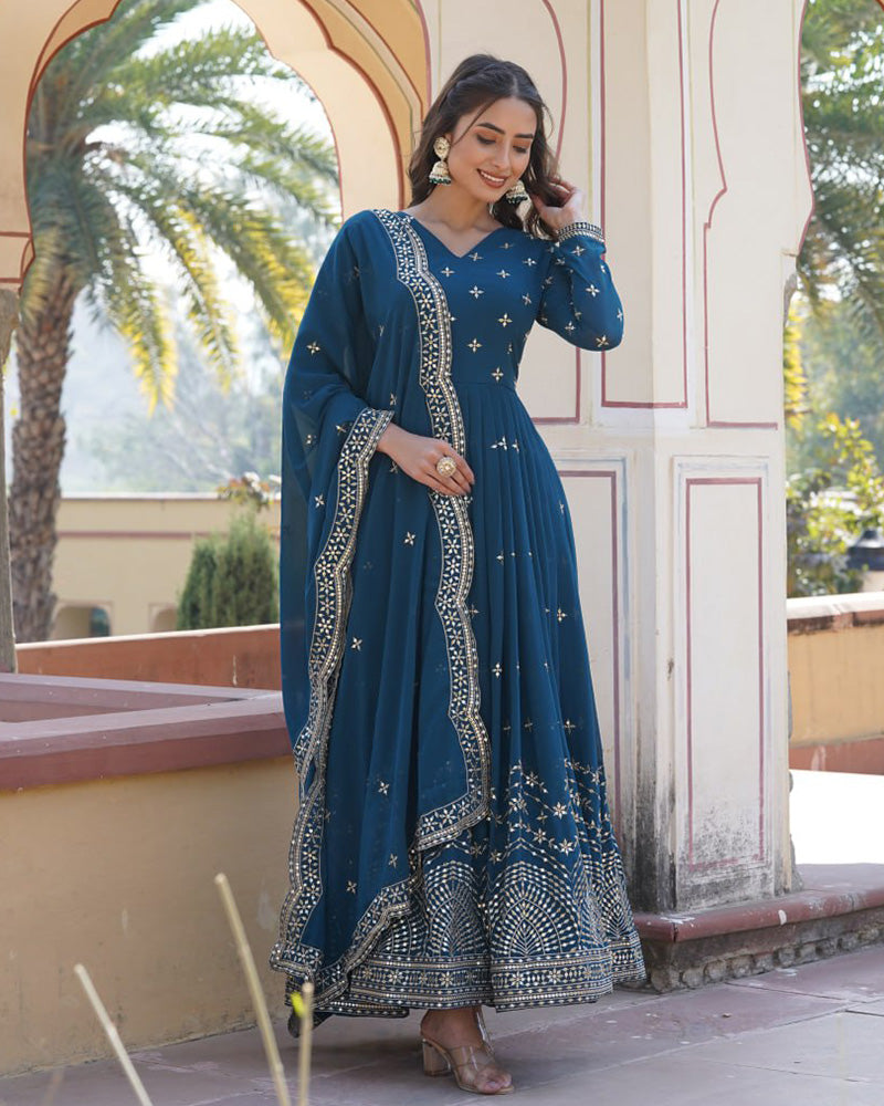Rama Color Full Flair Anarkali Gown With Embroidered Dupatta