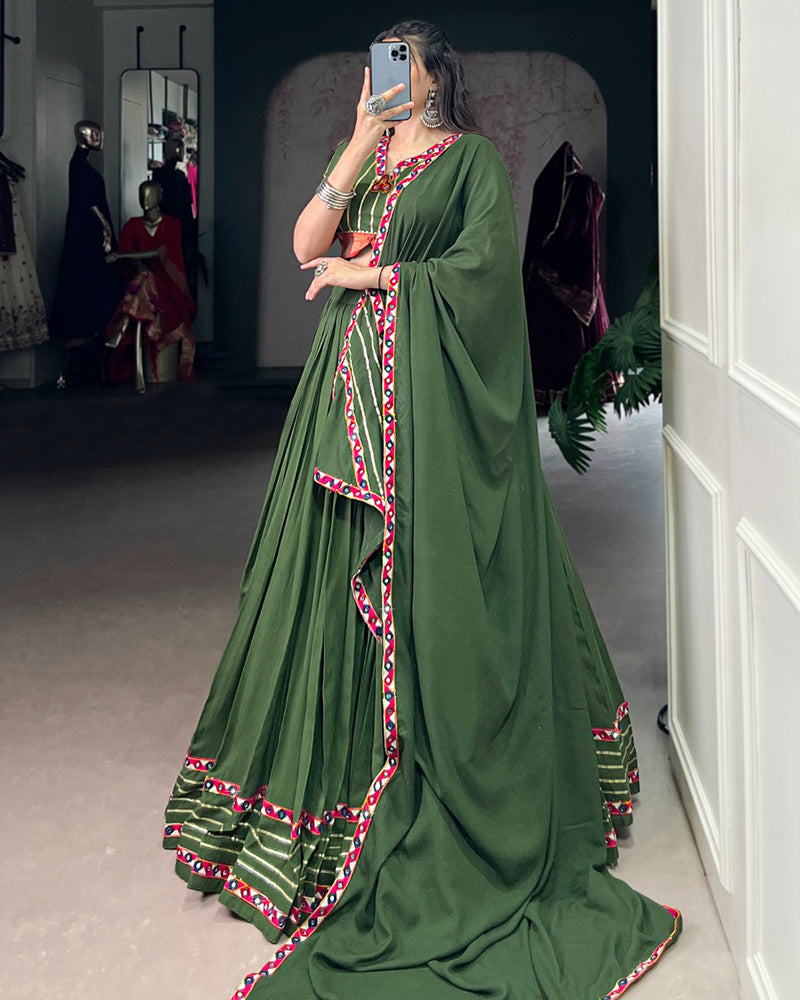 Elegant Mehndi Color Pure Rayon Navratri Lehenga Choli