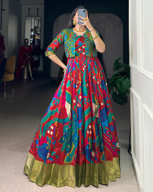 Maroon Color Tasar Silk Printed Gown With Koti