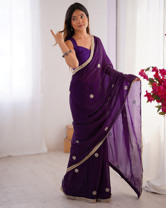 Purple Color Smooth Fandy Embroidered Saree