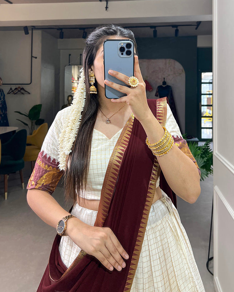 White And Maroon Color Poly Cotton Chex Onam Half Saree