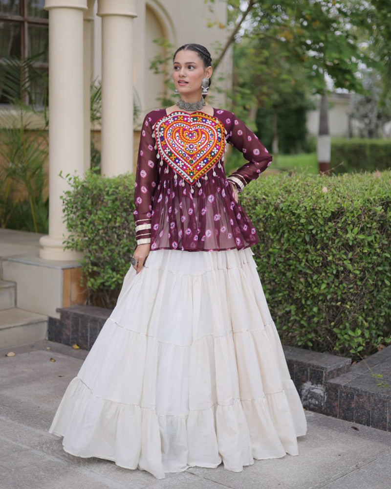 Wine Color Bandhani Printed With Kora Cotton Navratri Lehenga Set