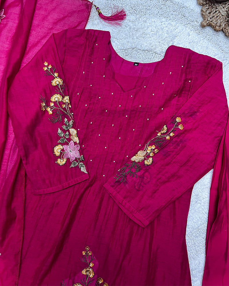 Rani Pink Color Roman Chanderi Silk Embroidered Plazzo Suit