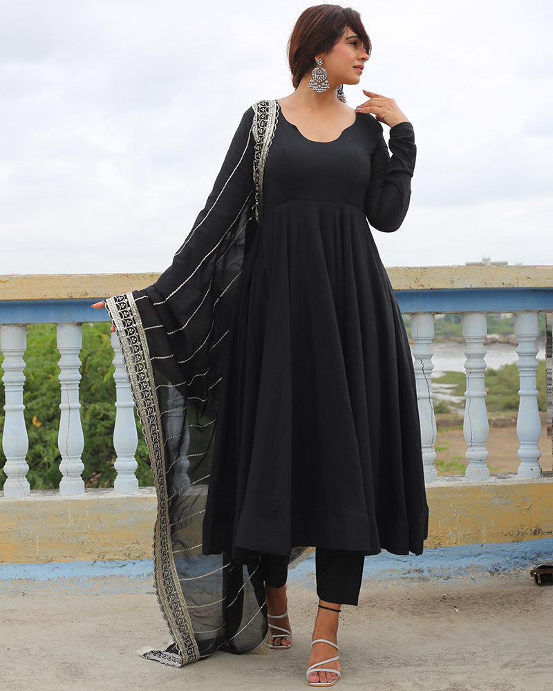 Black Color Georgette Anarkali With Embroidered Dupatta