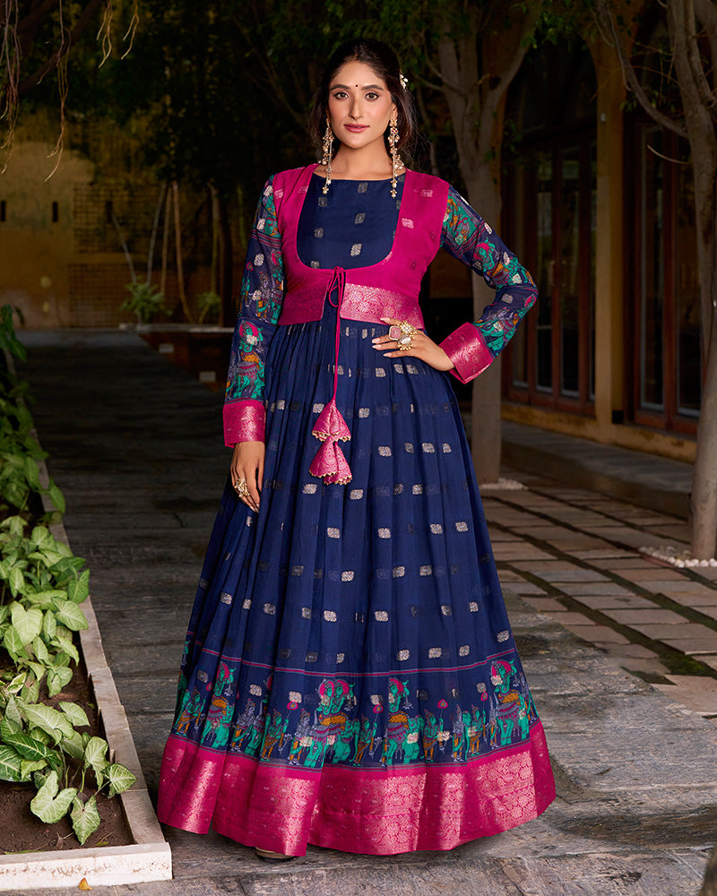 Elegant Navy Blue Color Poly Cotton Gown With koti