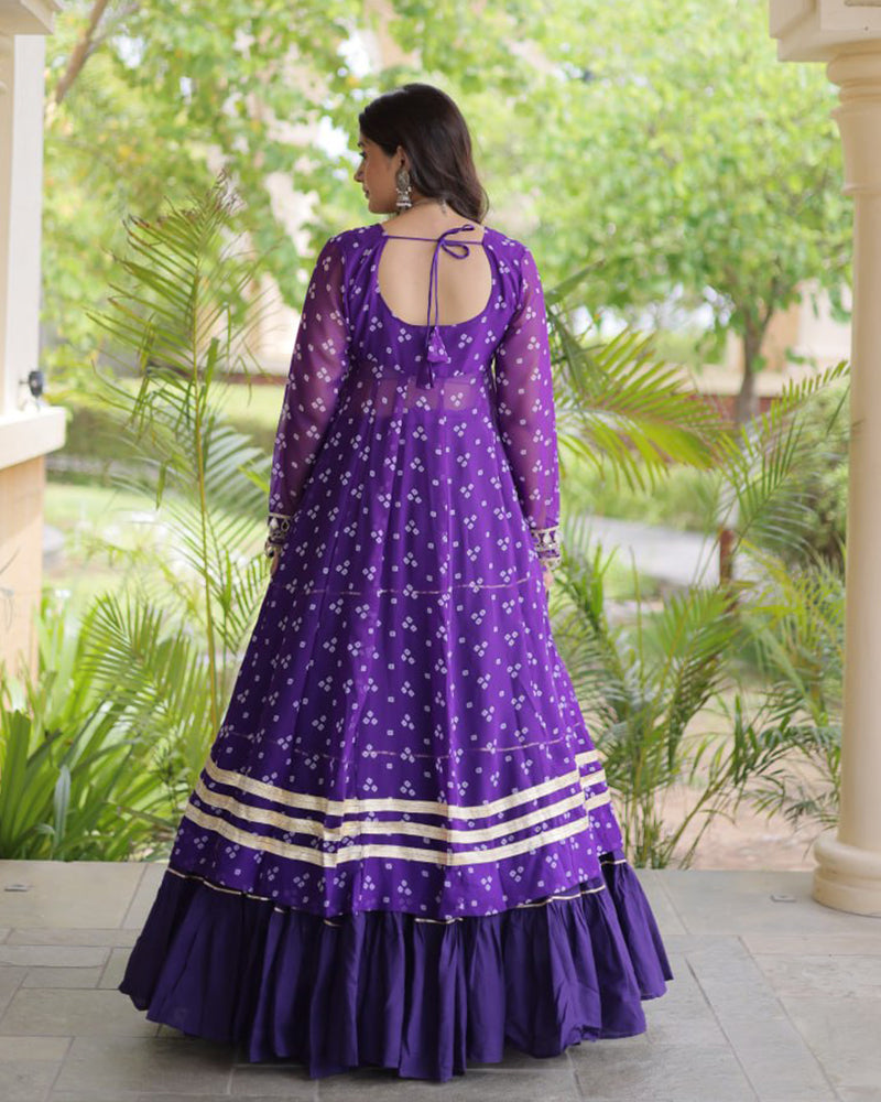 Purple Color Bandhani Printed Kurti With Kora Cotton Lehenga Choli