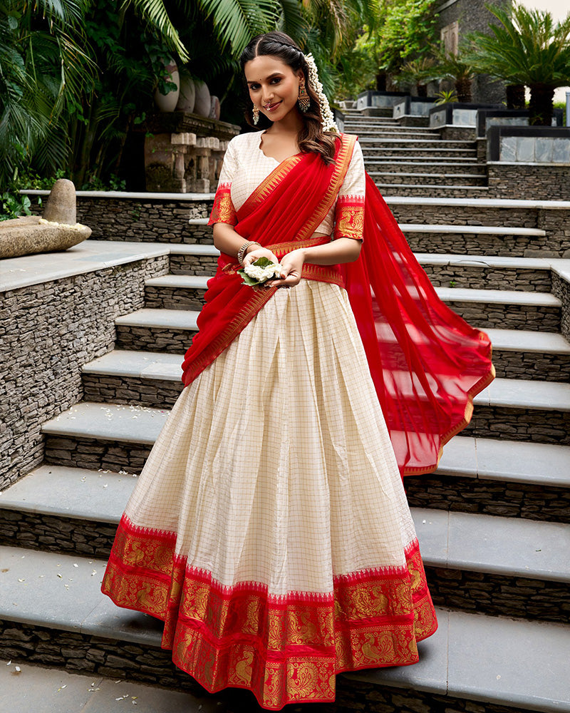 Cultural White and Red Color Poly Cotton Lehenga Chex Half Saree