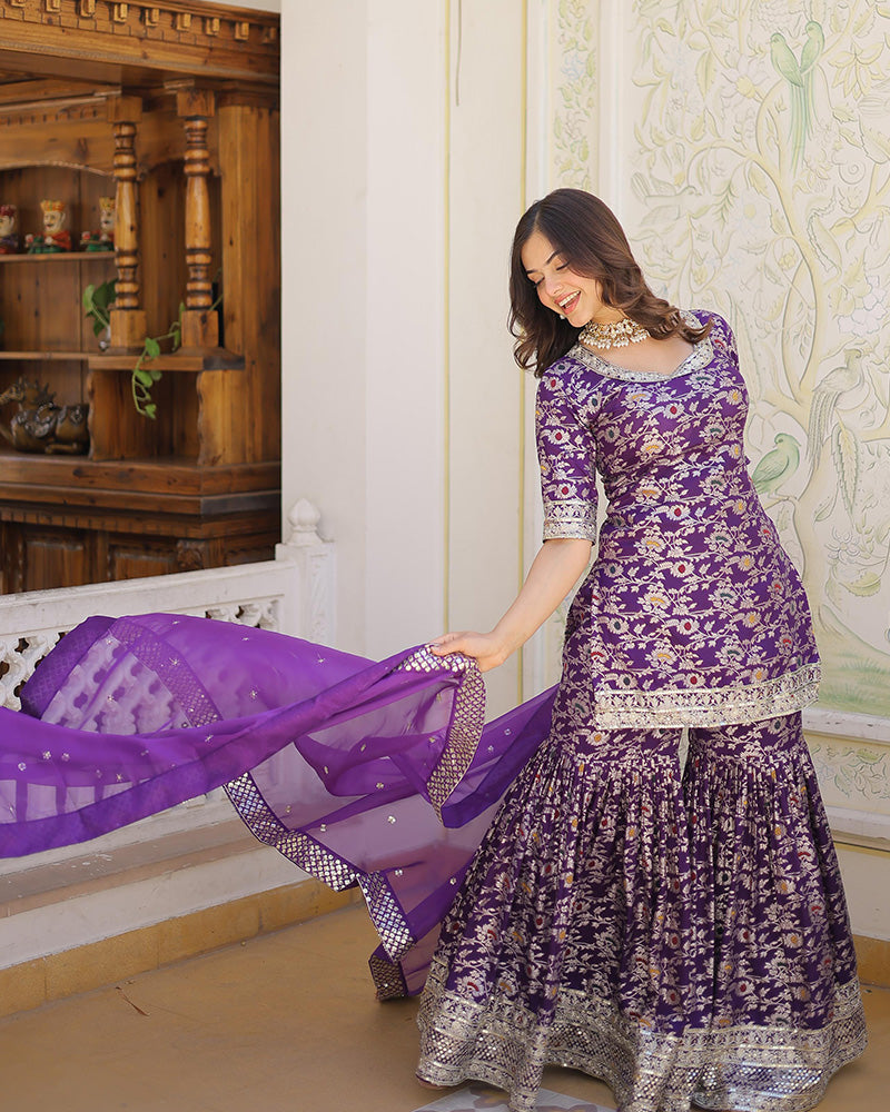 Purple Color Viscose Jacquard Three Piece Gharara Suit