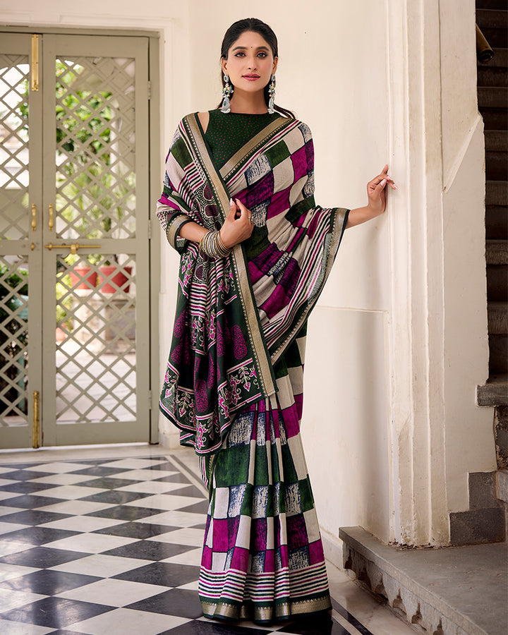 Green Color Polyester Chanderi Printed Saree