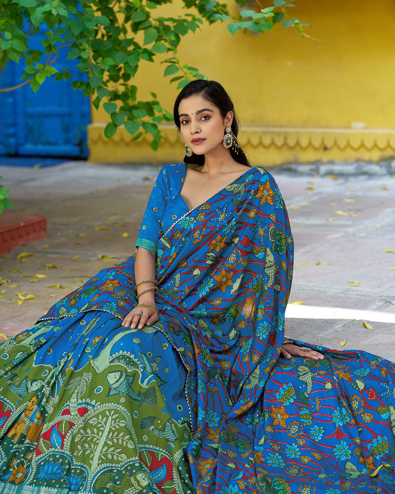 Firozi Color Tussar Silk Kalamkari Printed Lehenga Choli