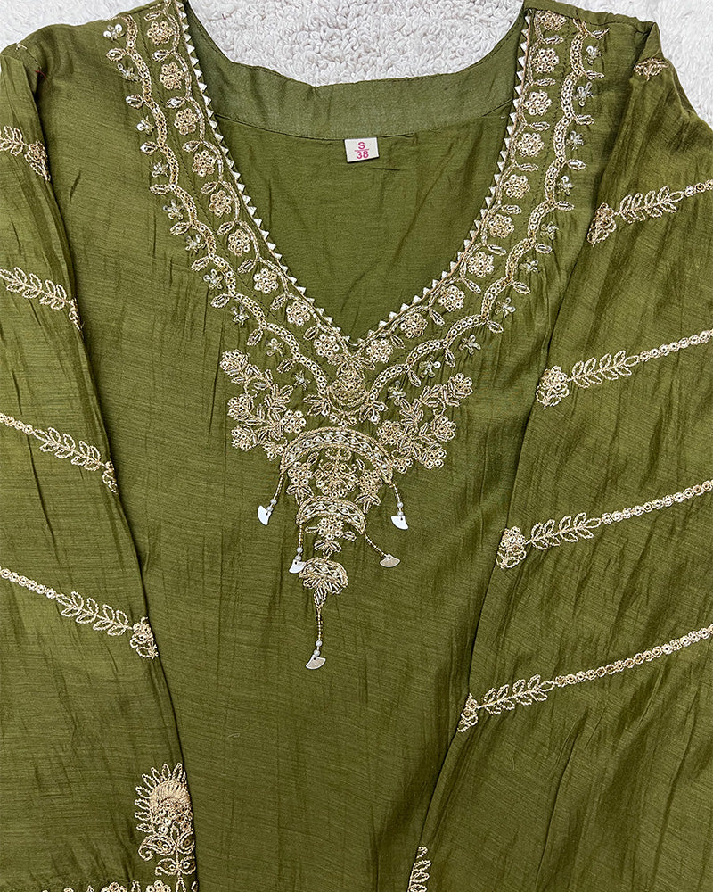 Mehndi Color Mal Cotton Three Piece Kurti Suit