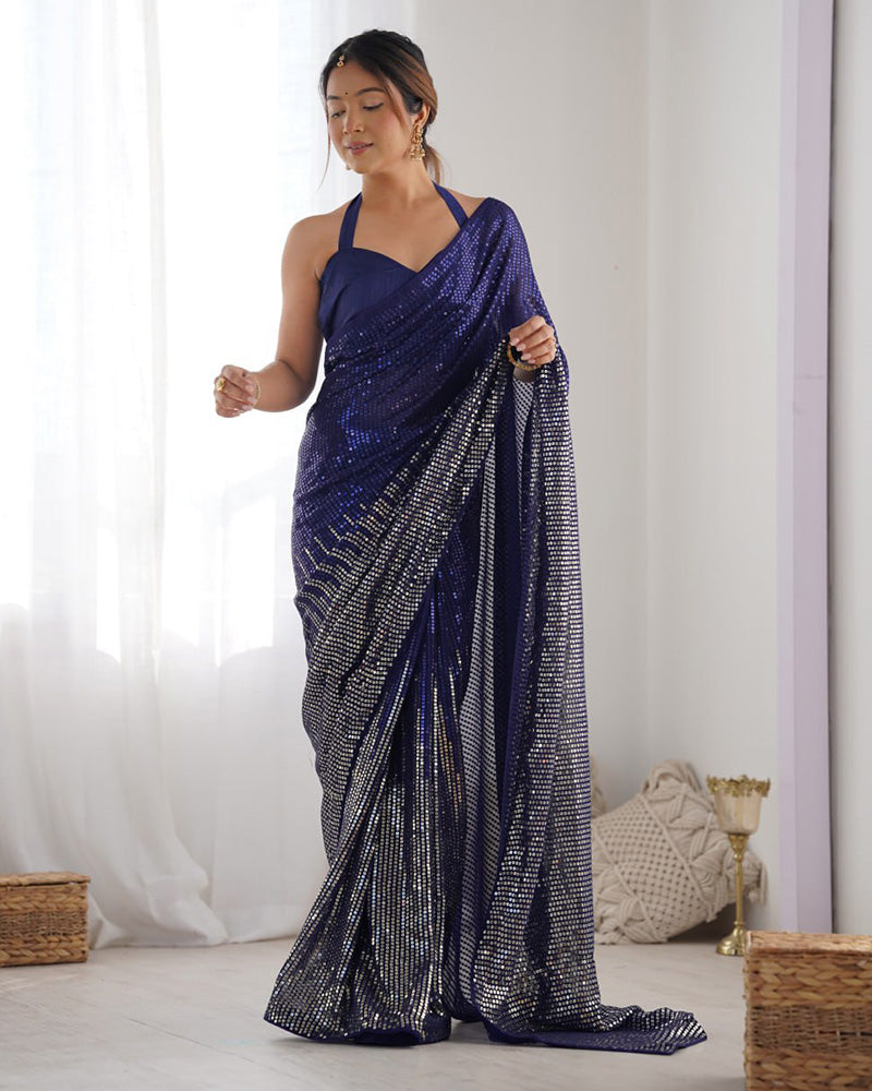 Navy Blue Color Heavy Georgette Embroidered Saree