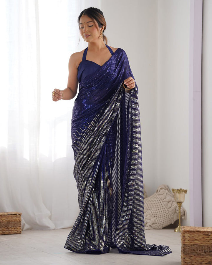 Navy Blue Color Heavy Georgette Embroidered Saree