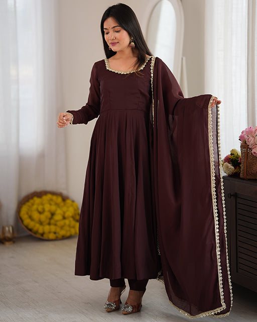 Brown Pure Mal Chanderi Three Piece Anarkali Suit