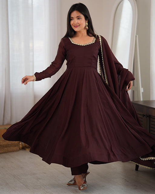 Brown Pure Mal Chanderi Three Piece Anarkali Suit
