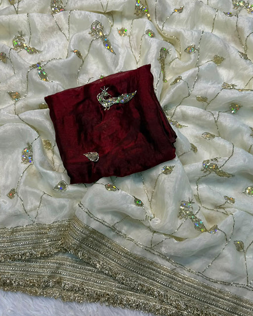 Marron Color Space Satin Embroidered Saree