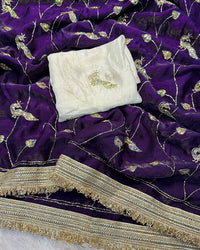Marron Color Space Satin Embroidered Saree