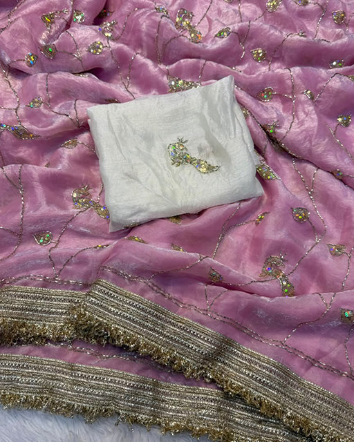 Marron Color Space Satin Embroidered Saree