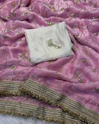 Marron Color Space Satin Embroidered Saree