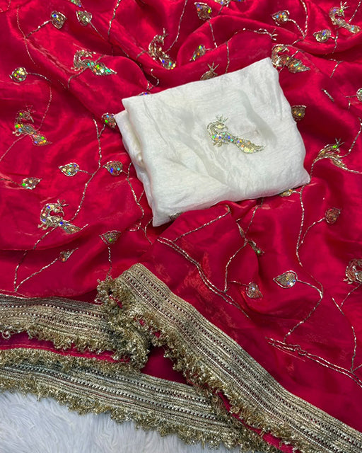Marron Color Space Satin Embroidered Saree
