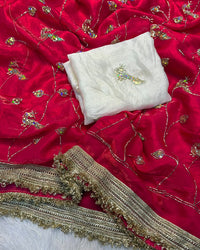 Marron Color Space Satin Embroidered Saree