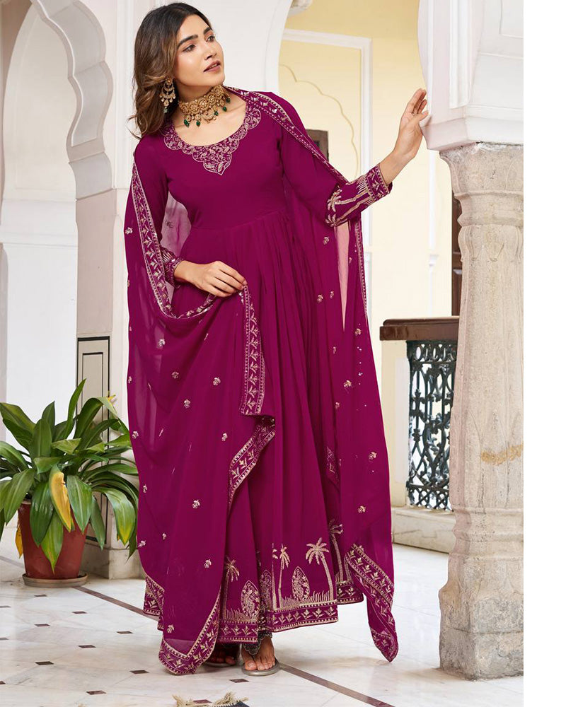 Royal Magenta Color Georgette Sequence Embroidered Gown