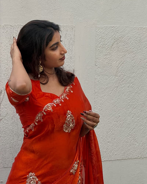 Orange Color  Fancy Fandy Silk Sequins saree