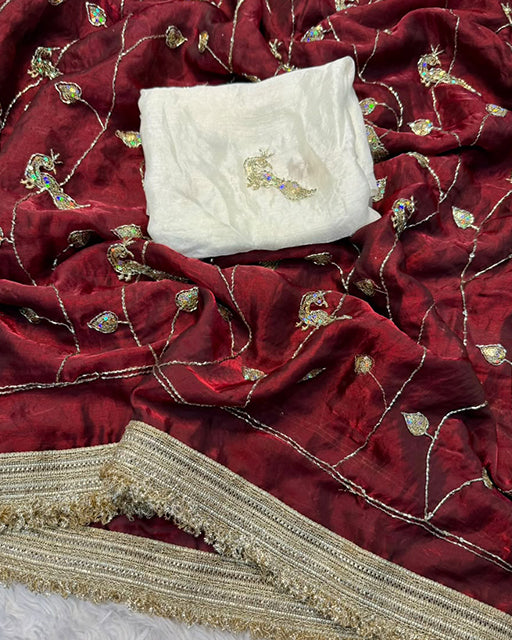 White Color Space Satin Embroidered Saree