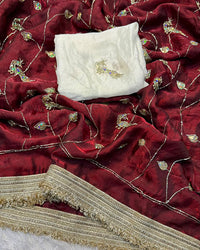 White Color Space Satin Embroidered Saree
