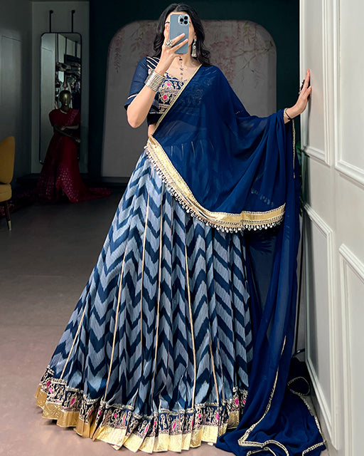 Blue Color Tussar Silk Blend Vintage Navratri Lehenga Choli