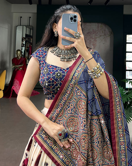 Off White Color Ajrak Prints Navratri Lehenga Choli
