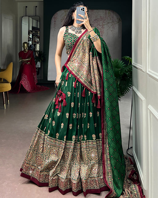 Green Color Ajrak Prints Navratri Lehenga Choli
