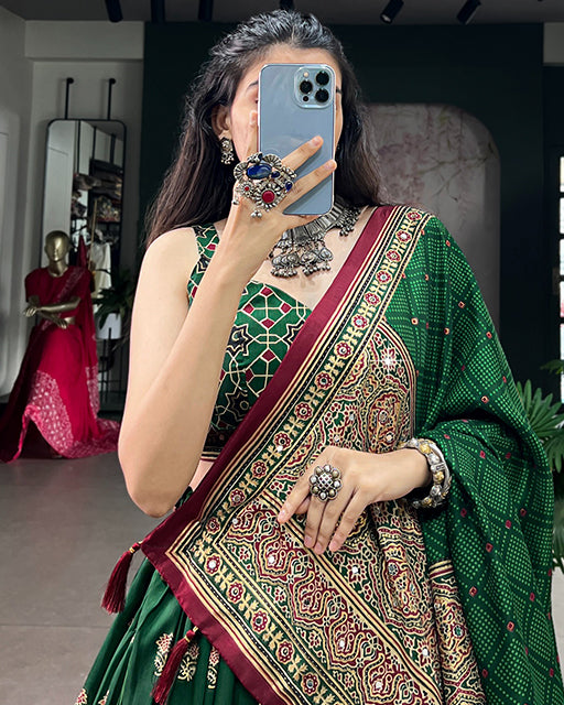 Green Color Ajrak Prints Navratri Lehenga Choli