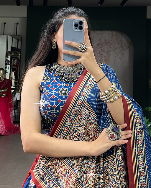 Blue Color Ajrak Prints Navratri Lehenga Choli