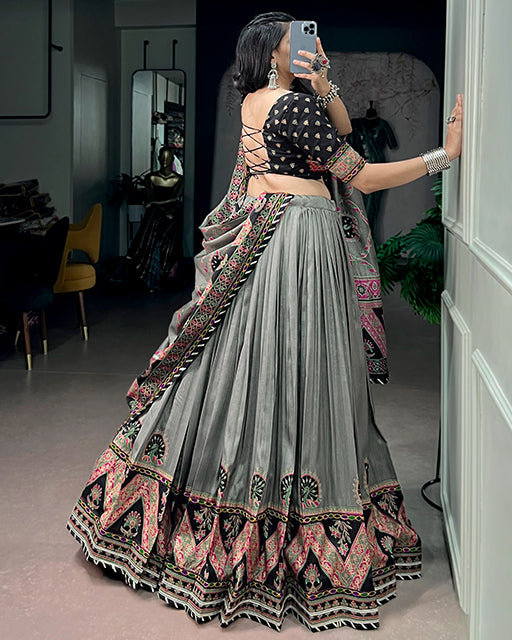 Silver Grey Color Tussar Silk Navratri Lehenga Choli