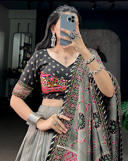 Silver Grey Color Tussar Silk Navratri Lehenga Choli