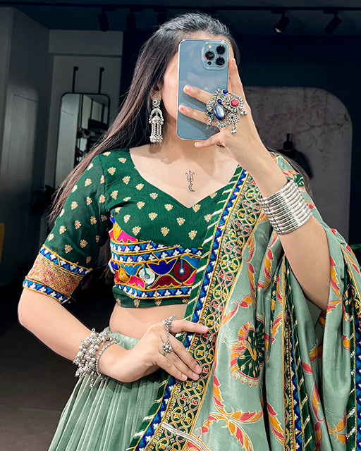 Green Color Tussar Silk Navratri Lehenga Choli