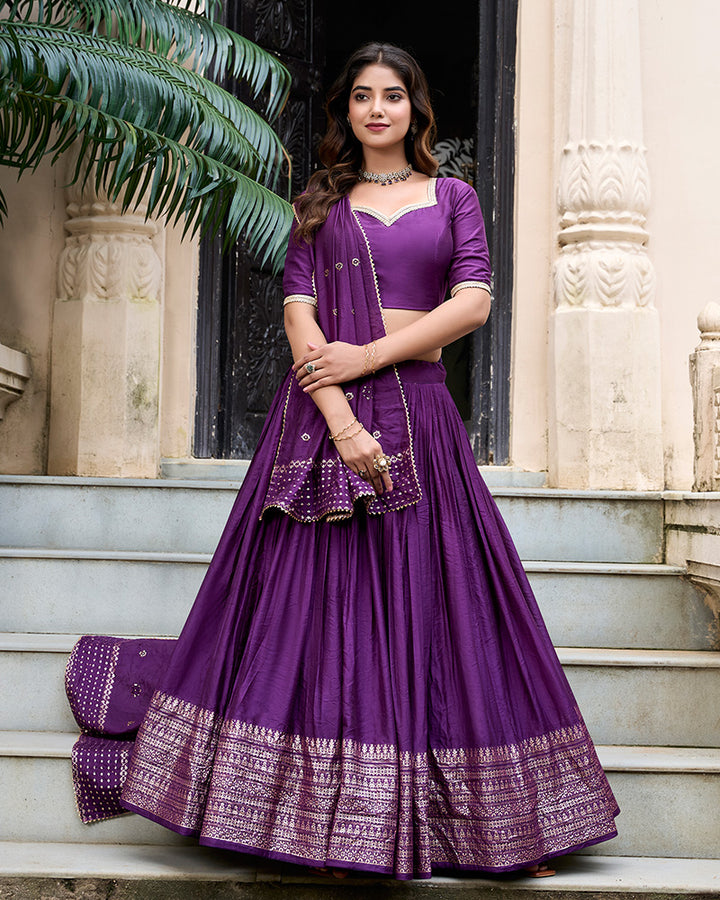 Dark Purple Color Pure Chanderi Plain Navratri Half Saree