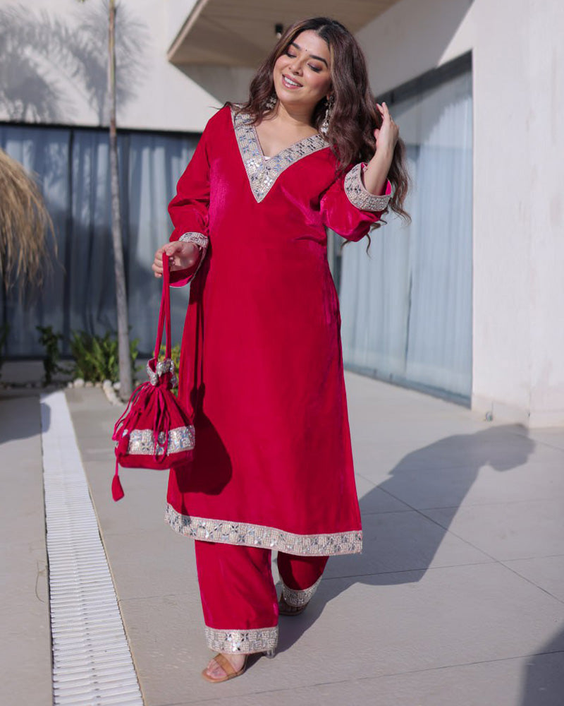 Rani Pink Color Ice Velvet Embroidered Plazzo Suit