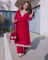 Rani Pink Color Ice Velvet Embroidered Plazzo Suit