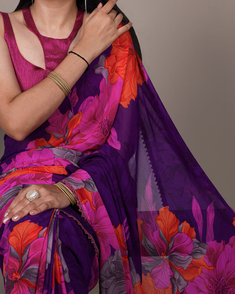 Purple Color Weightless Marble Floral Printed Saree